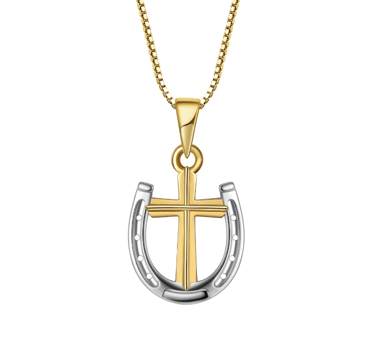 Saints and Saviors Rider's Prayer Two-Tone Cross with Horseshoe Gold Clip Chain Necklace