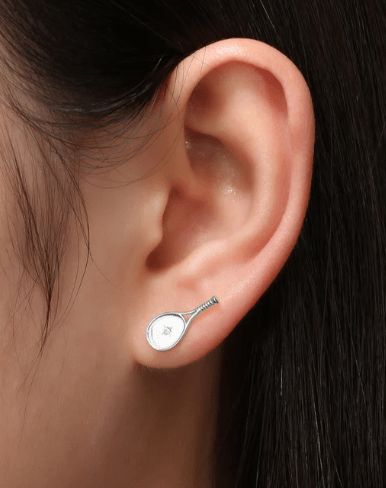 LoveMatch Tennis Racquet Stud Earrings Silver on model