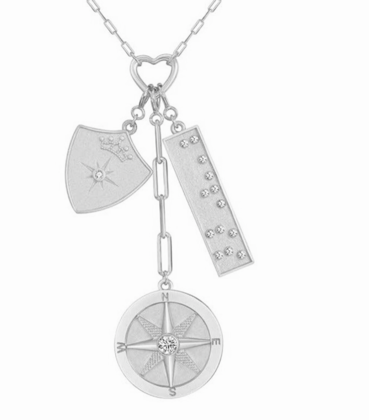 Protected Wanderer Three Charm Necklace with Compass Charm, Shield Charm and Braille Badass Bar Charm in Silver