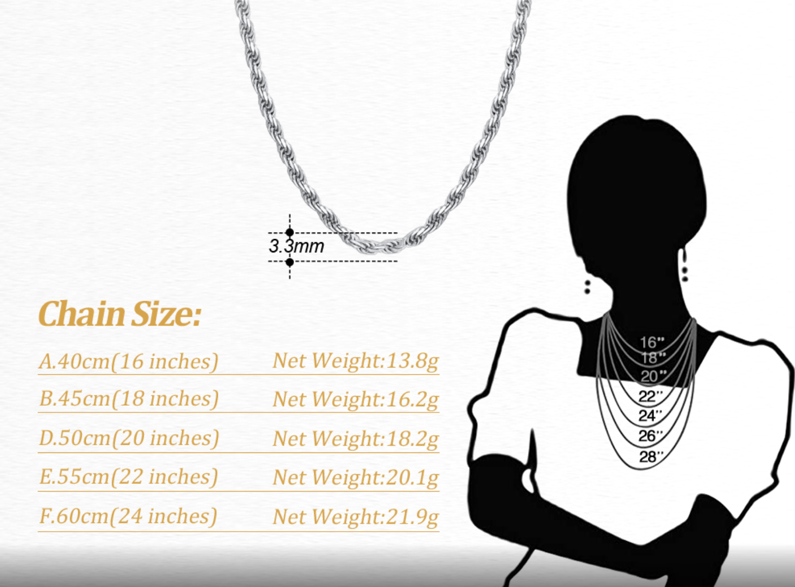Diamond Cut Rope Chain Gold Varying Sizes