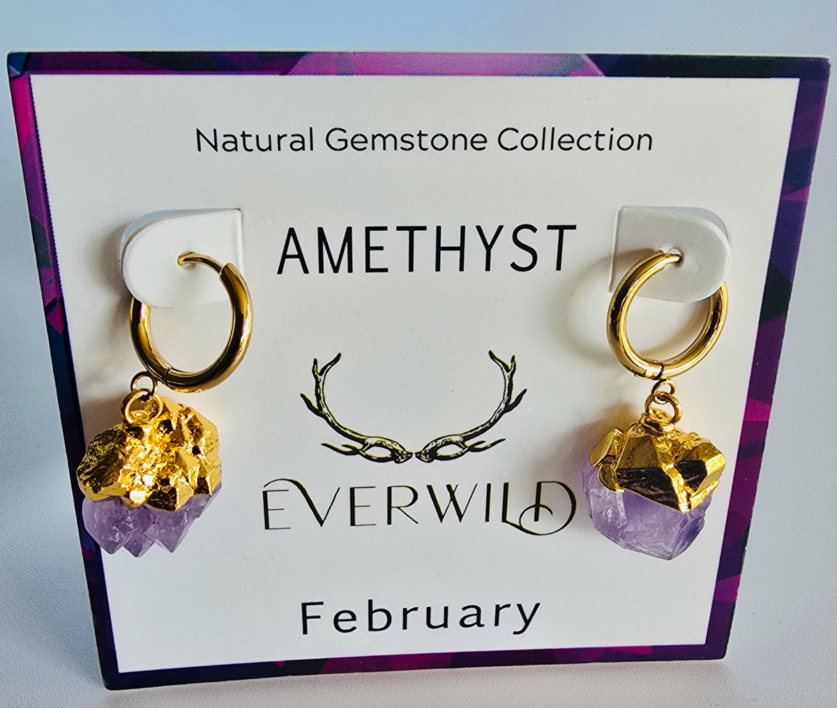Amethyst February birthstone earrings on a card with 'Everwild' branding and gemstone information.