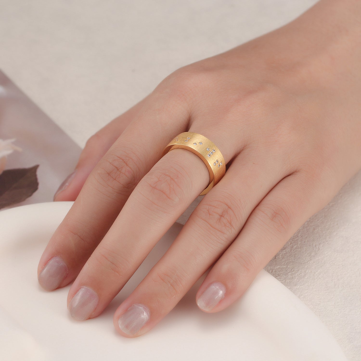 Touchstone Tribe Braille Band Ring Brushed Gold and Crystals on Model