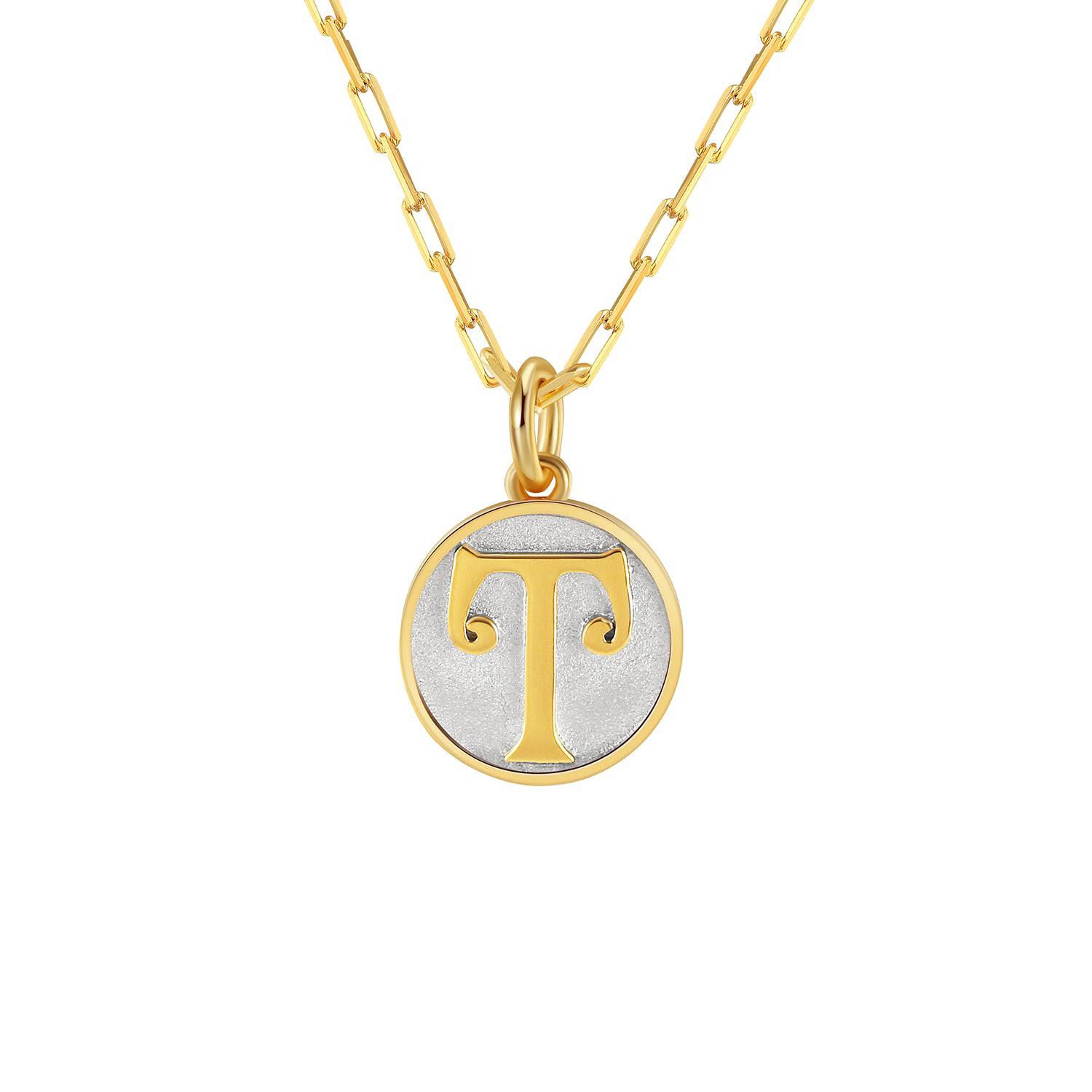 Saints and Saviors Dainty Fancy Initial Pendant Necklace gold letter T on small silver disc
