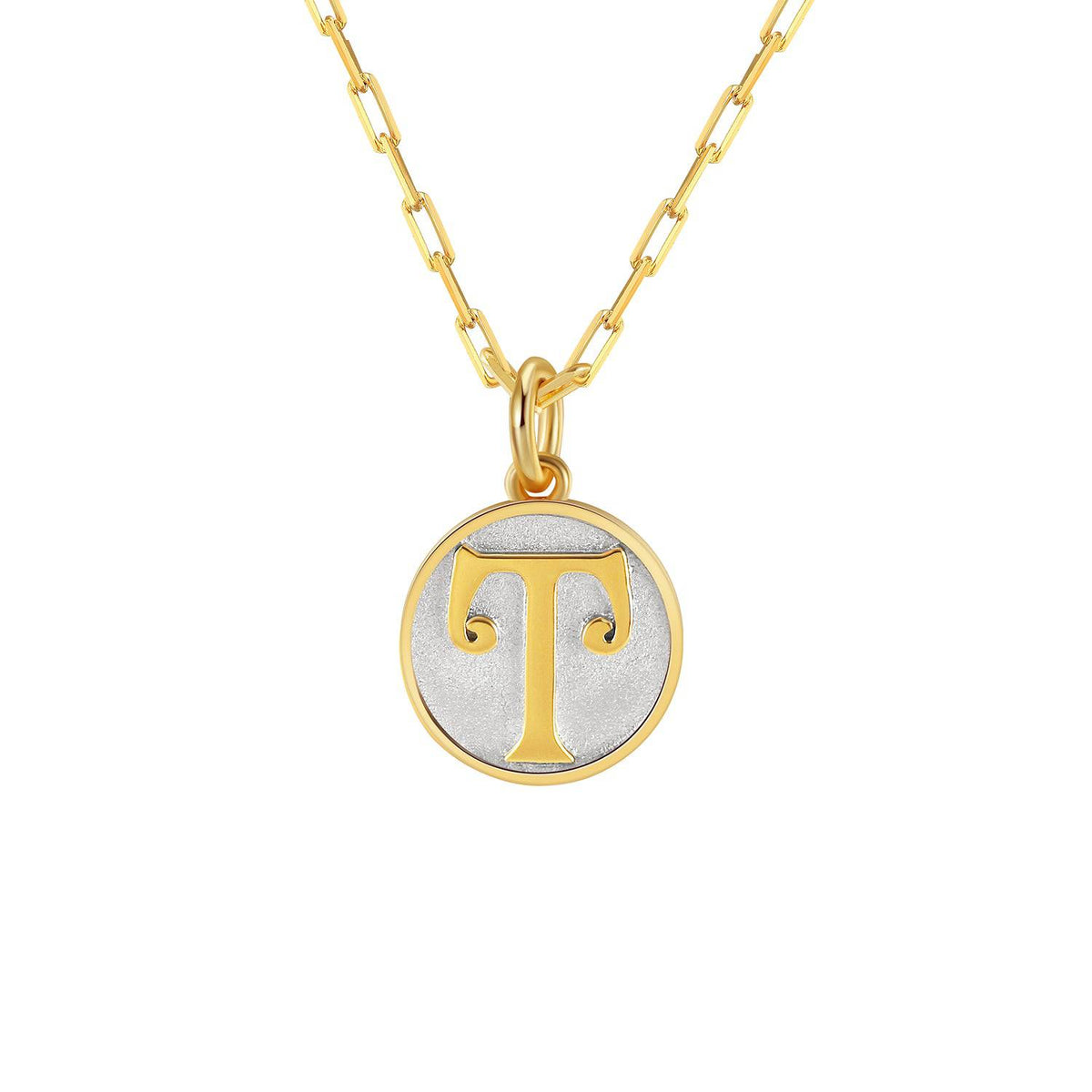 Saints and Saviors Dainty Fancy Initial Pendant Necklace gold letter T on small silver disc