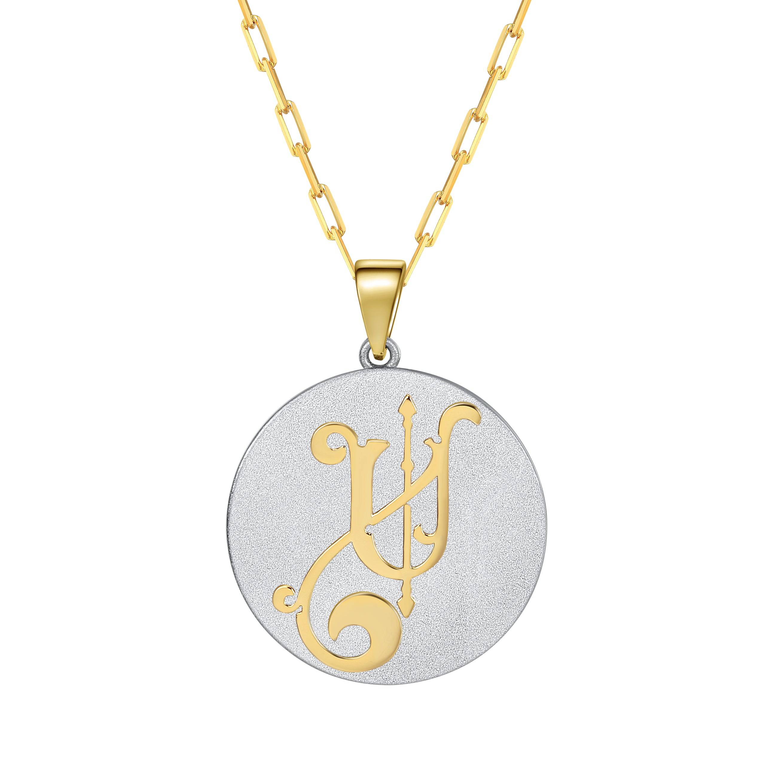 Saints & Saviors Fancy Initial Pendant Necklace gold letter U on silver disc