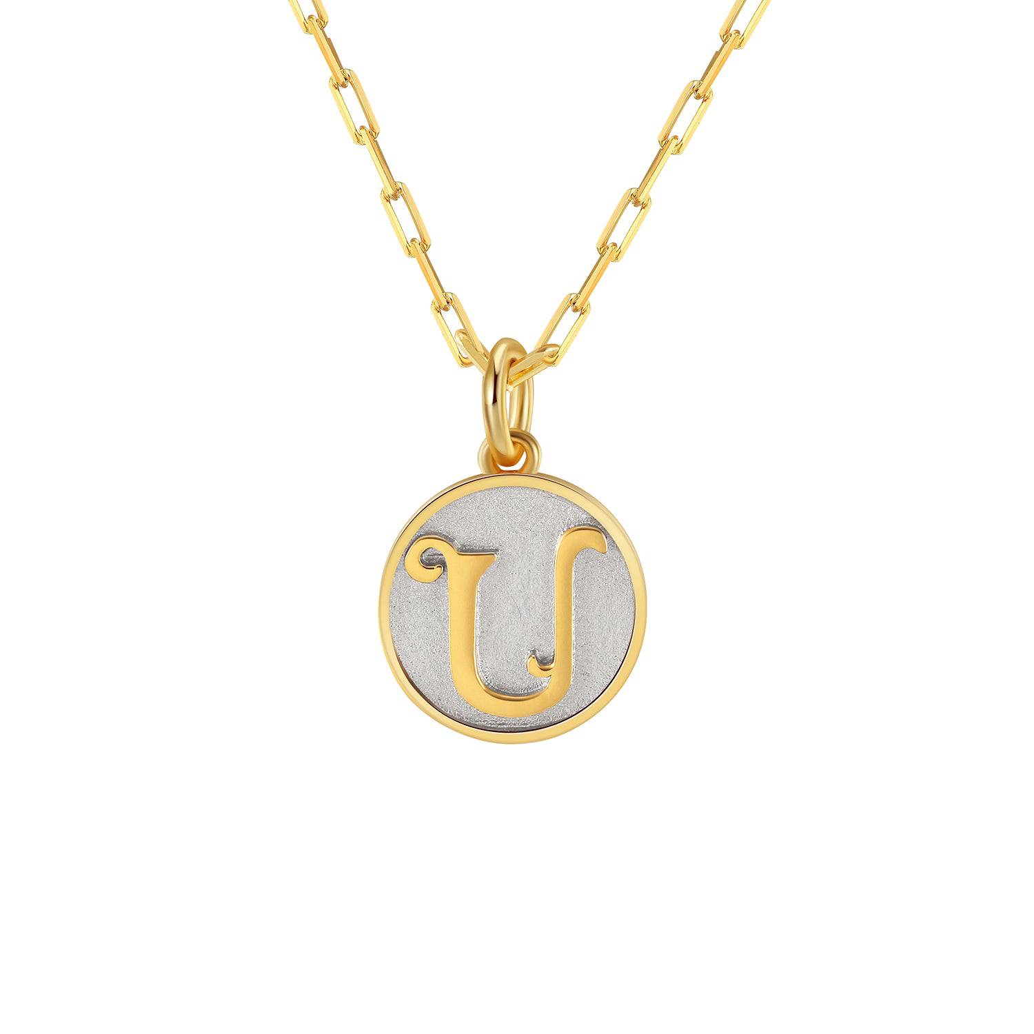 Saints and Saviors Dainty Fancy Initial Pendant Necklace gold letter U on small silver disc
