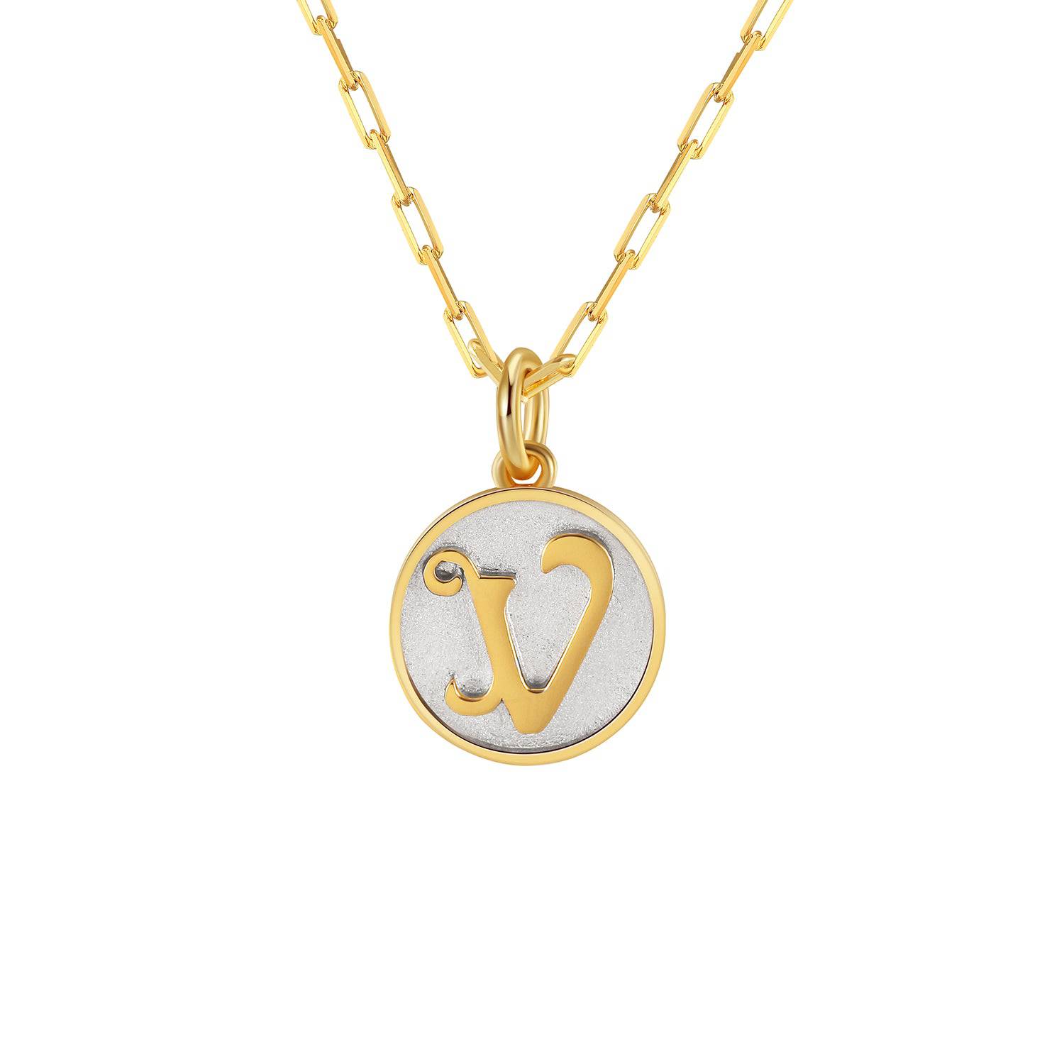 Saints and Saviors Dainty Fancy Initial Pendant Necklace gold letter V on small silver disc
