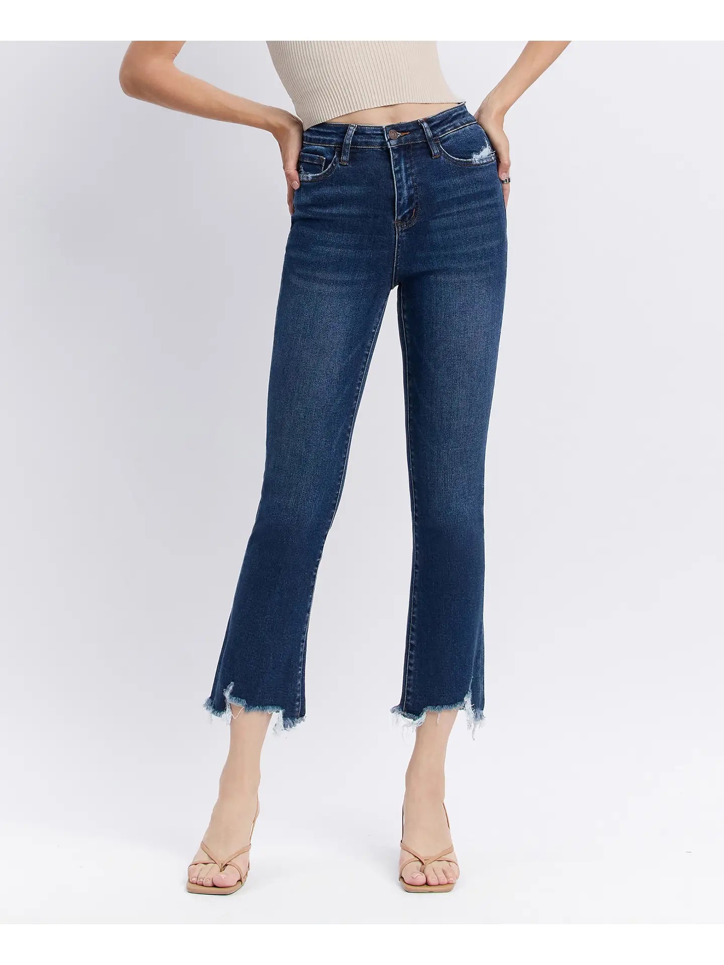 Vervet Dark Wash High Rise Distressed Hem Kick Flare Jeans
