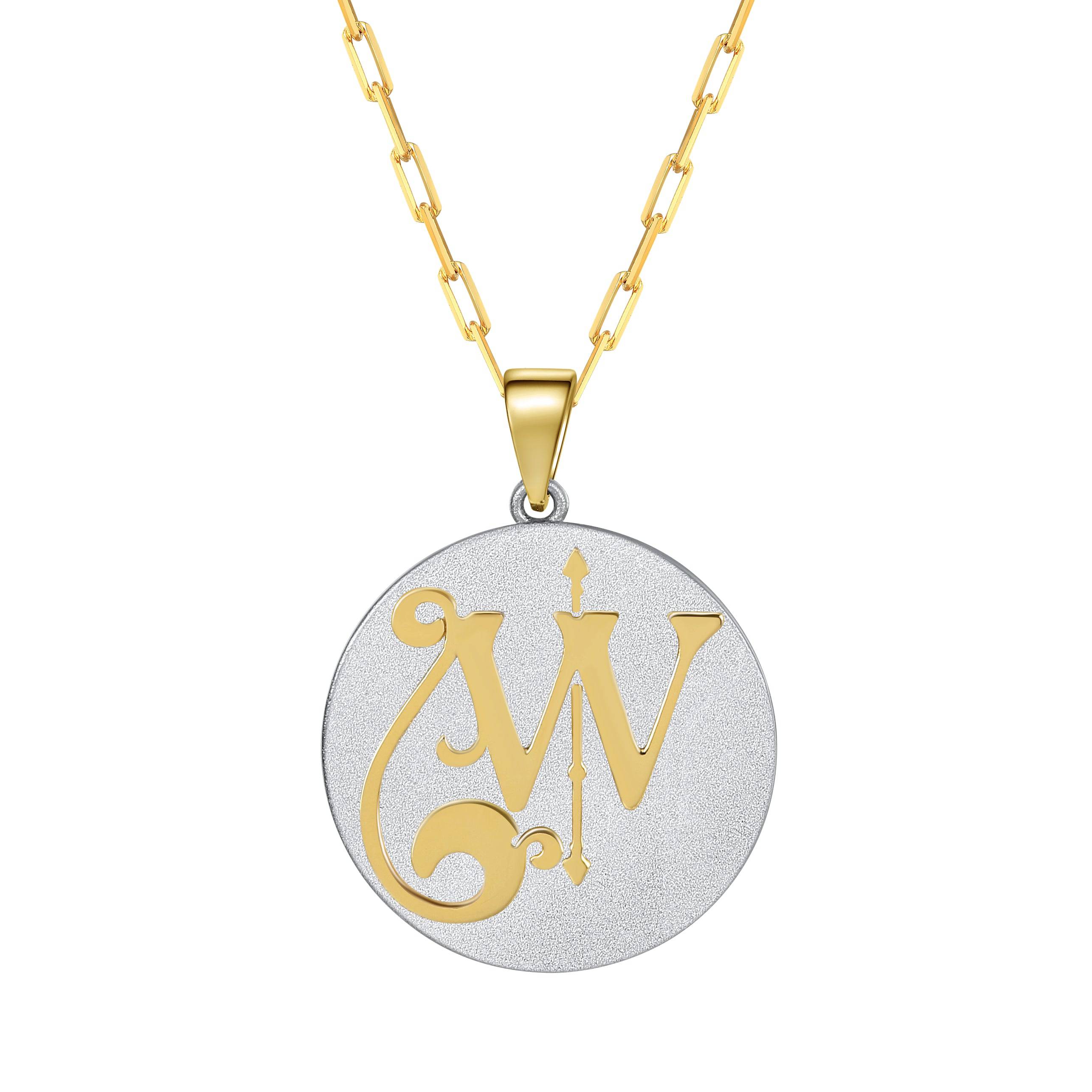 Saints & Saviors Fancy Initial Pendant Necklace gold letter W on silver disc