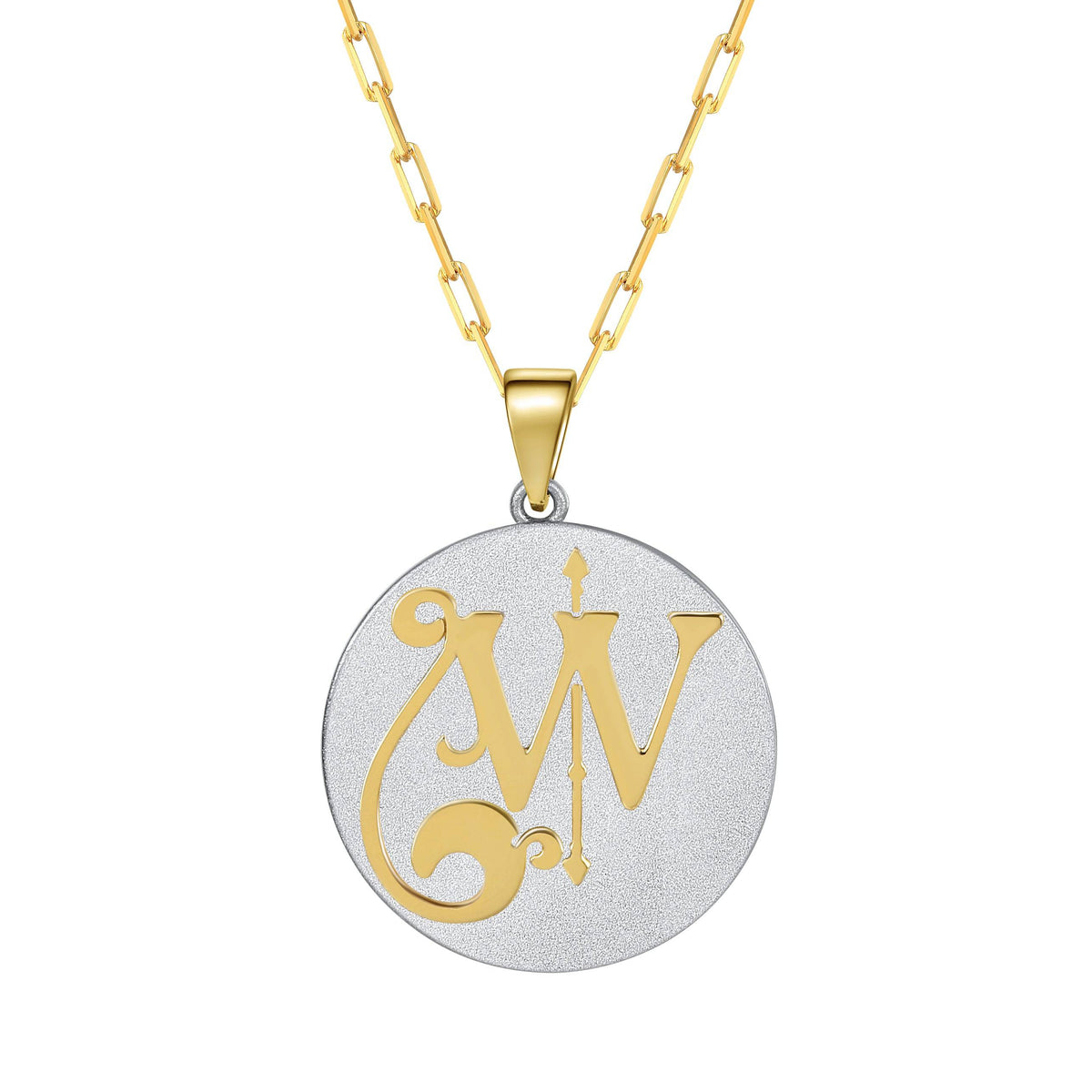 Saints & Saviors Fancy Initial Pendant Necklace gold letter W on silver disc