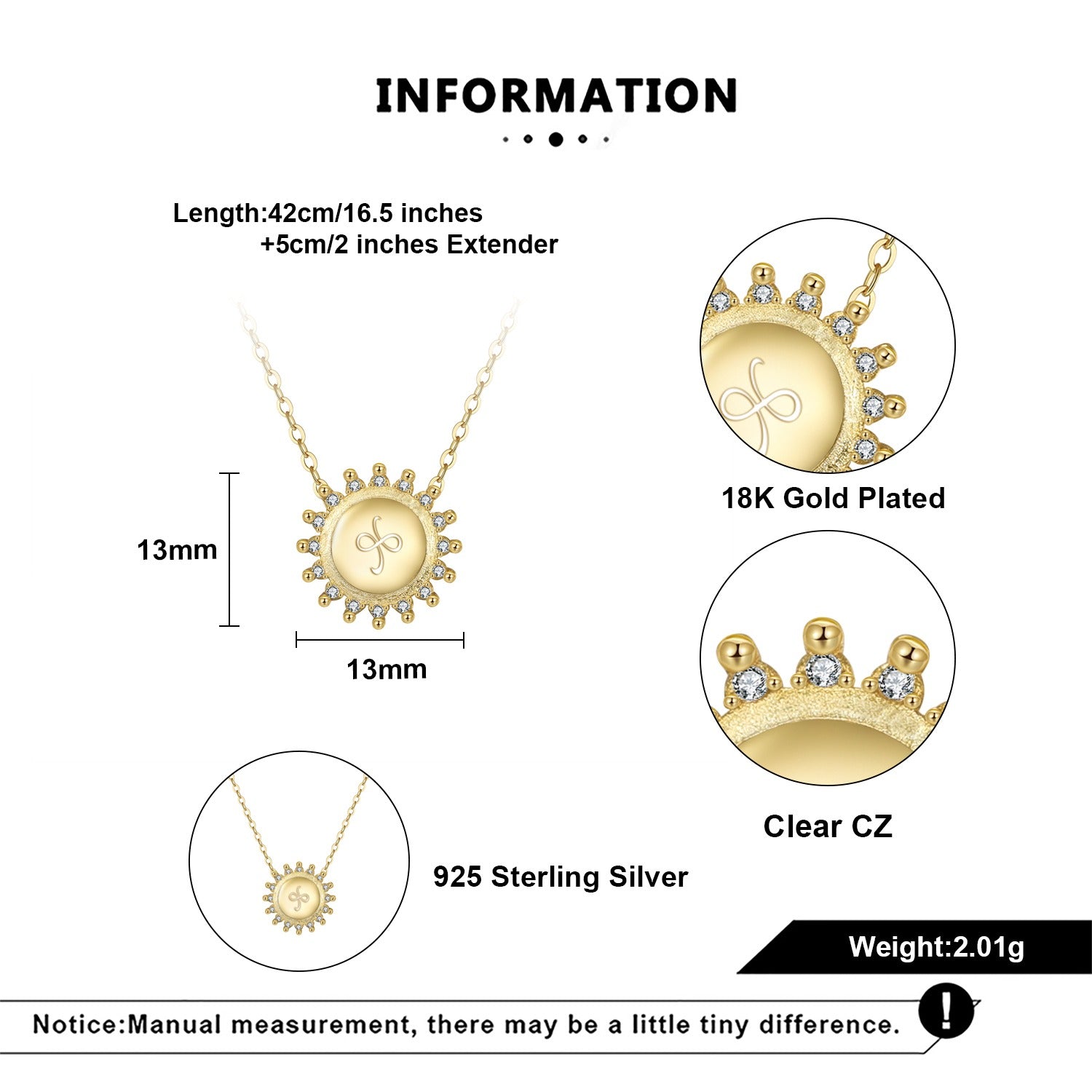 friendship necklace size and finish information