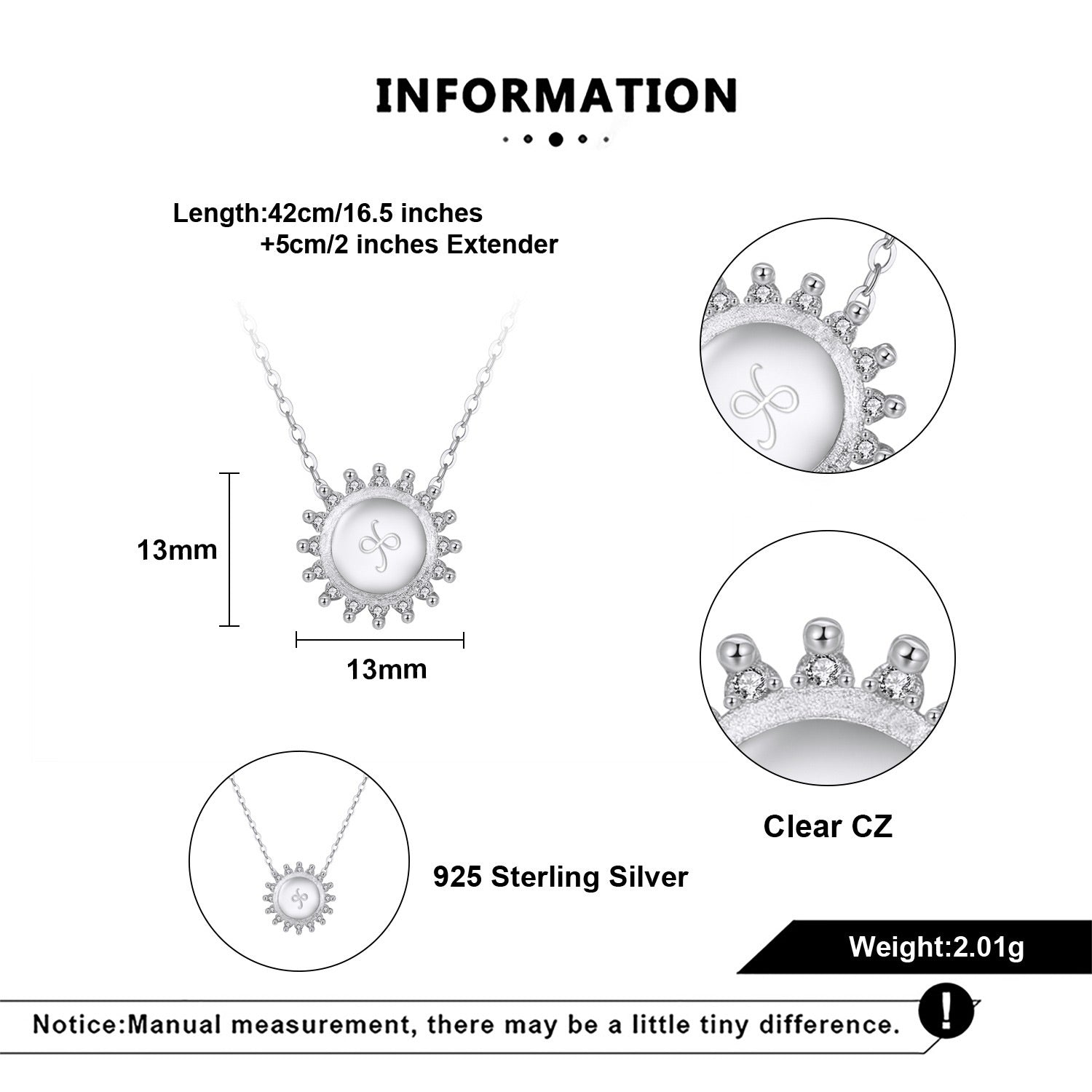 Jewelry information card with necklace details including length, material, and weight.