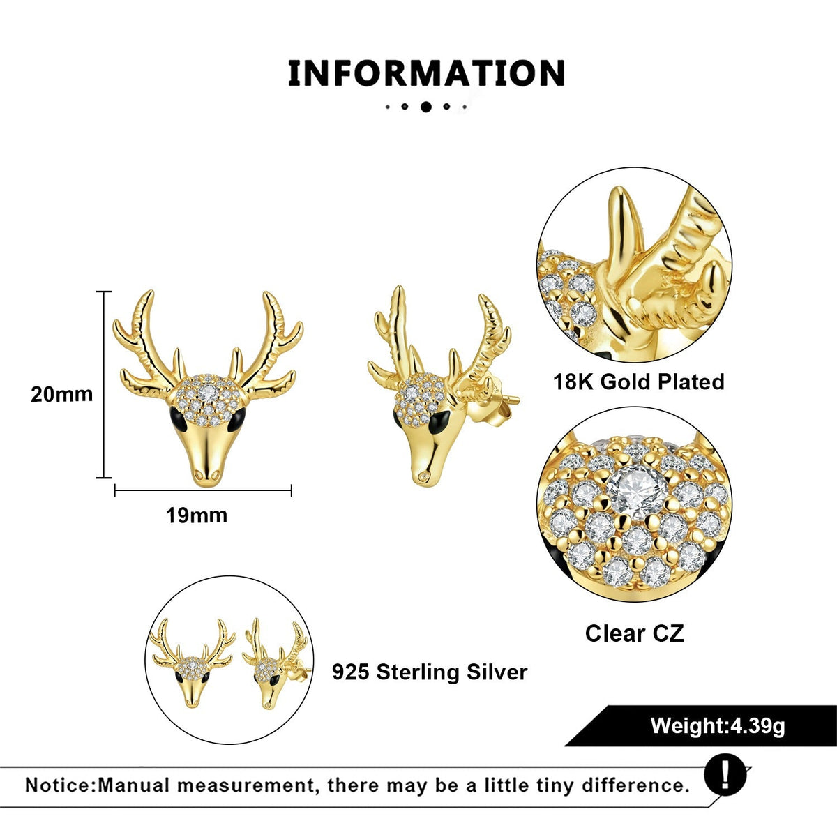 Gold deer head earrings with clear CZ stones, labeled as 18K gold plated and 925 sterling silver, on a white background.