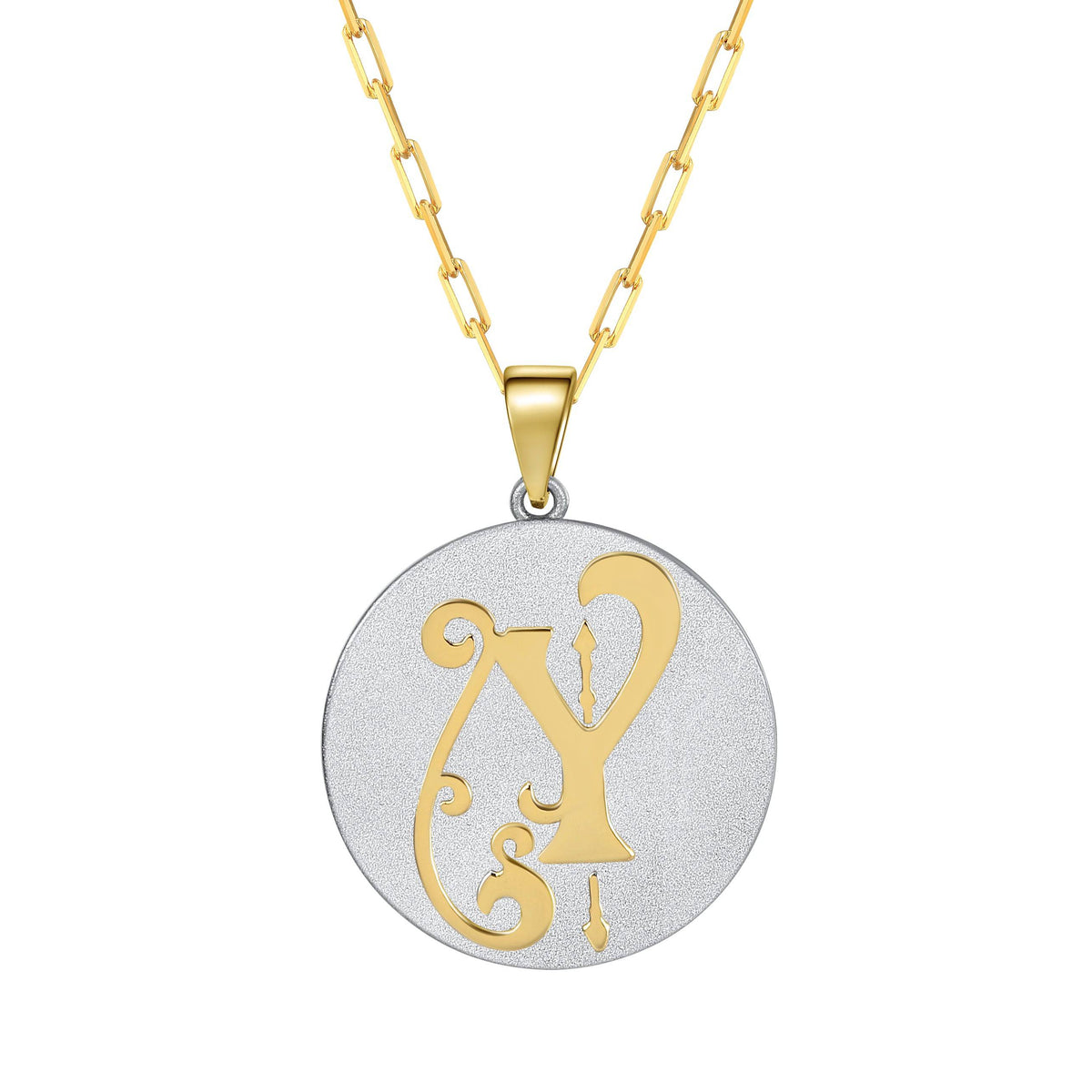 Saints & Saviors Fancy Initial Pendant Necklace gold letter Y on silver disc