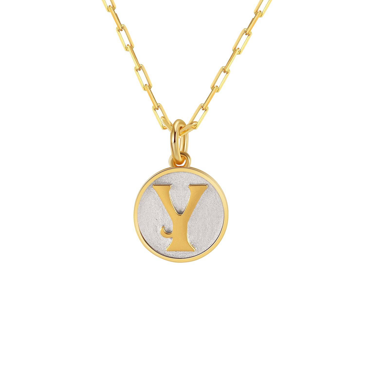 Saints and Saviors Dainty Fancy Initial Pendant Necklace gold letter Y on small silver disc