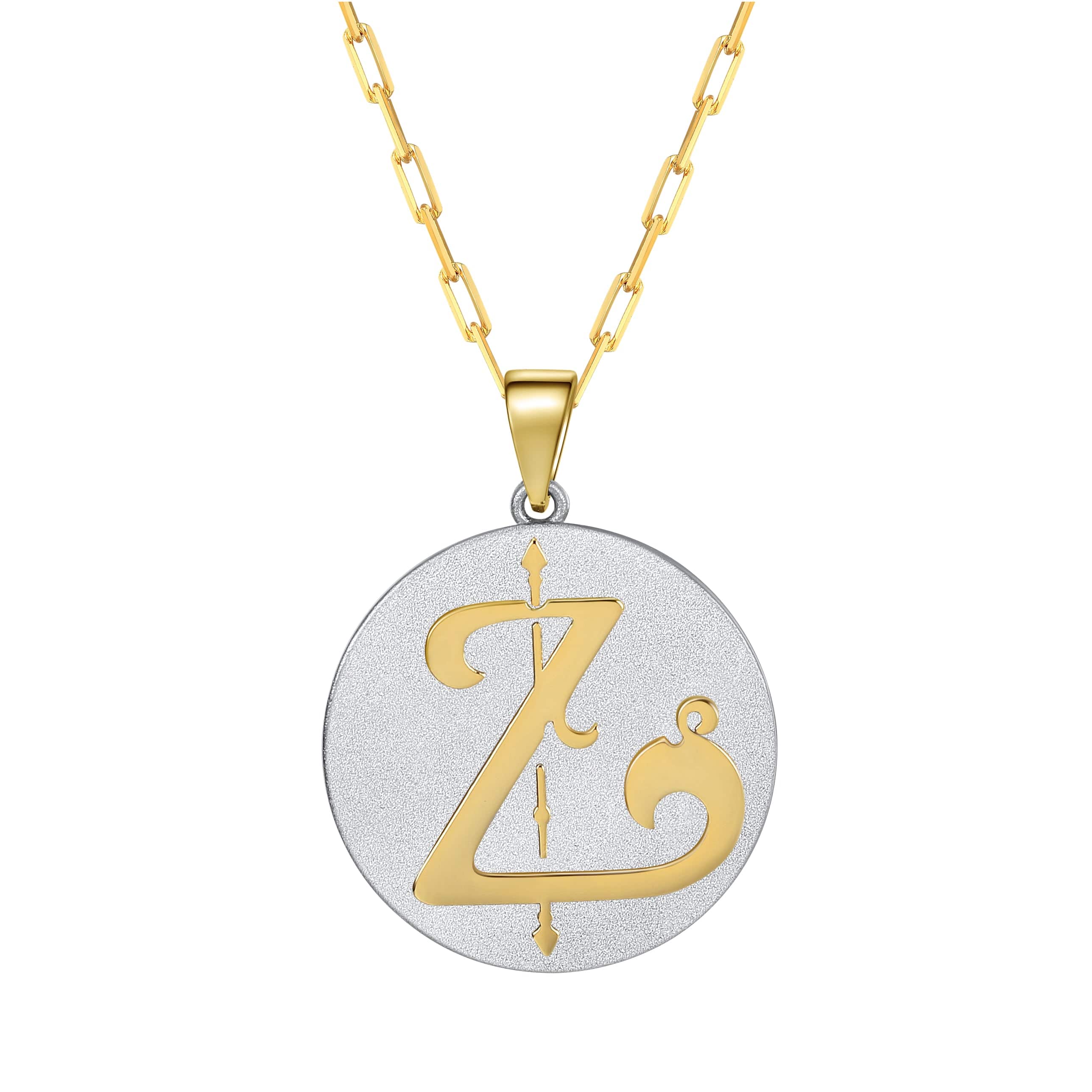Saints & Saviors Fancy Initial Pendant Necklace gold letter Z on silver disc