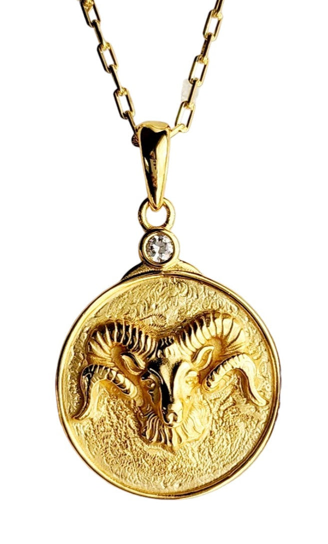 Gold Zodiac ARIES Ram Pendant Necklace with Single Crystal