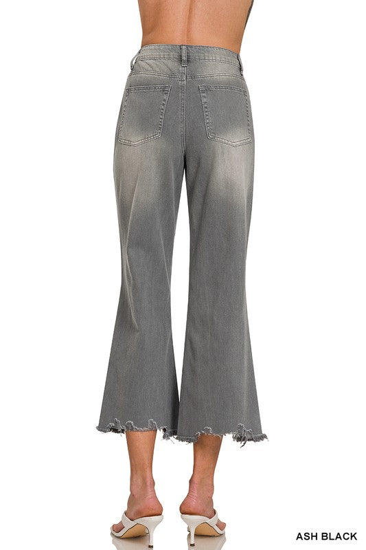 Ash Black Washed Distressed Knee And Hem Cropped Jeans