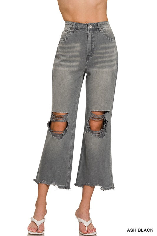 Ash Black Washed Distressed Knee And Hem Cropped Jeans