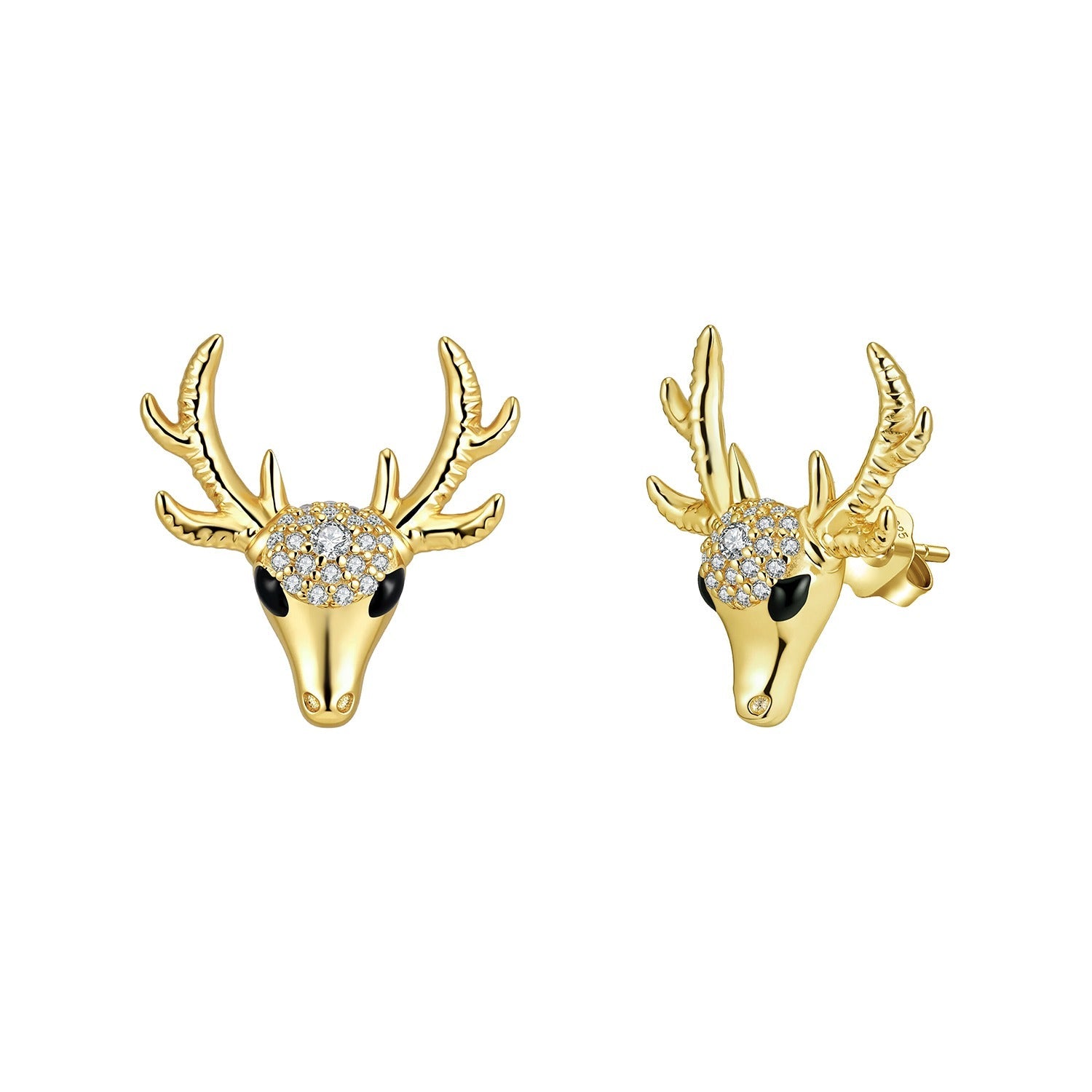 Gold deer head earrings with antlers and gemstones on a white background