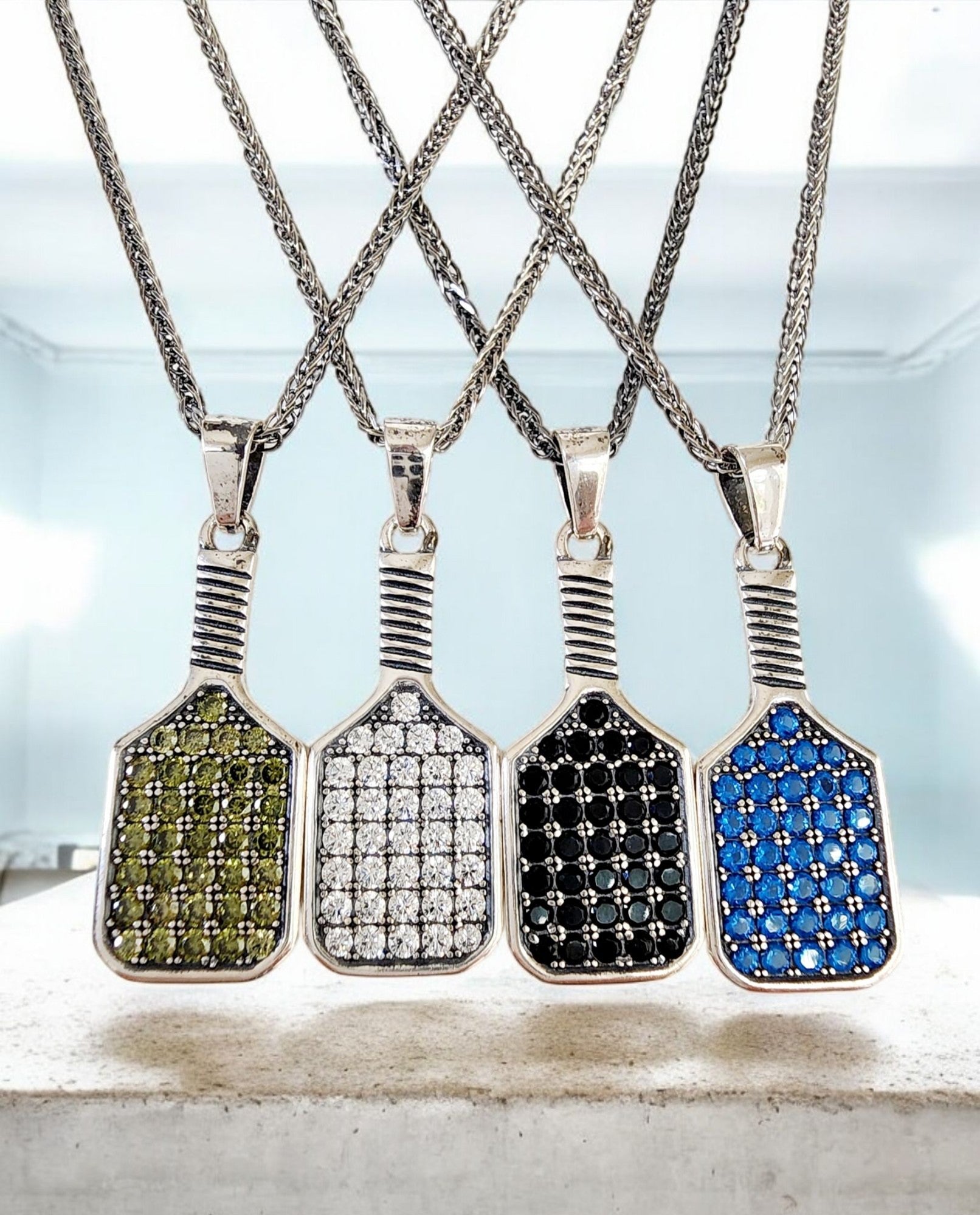 Pickleball Baller Paddle Necklace Silver with Assorted Color Crystals