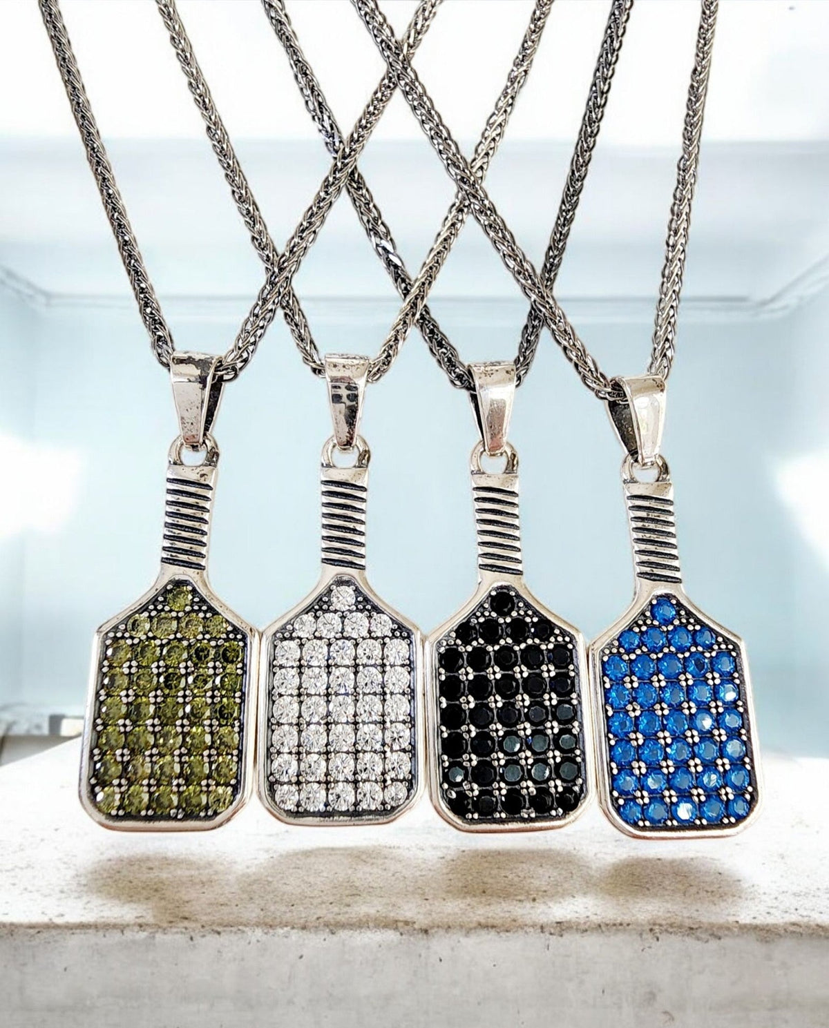 Pickleball Baller Paddle Necklace Silver with Assorted Color Crystals