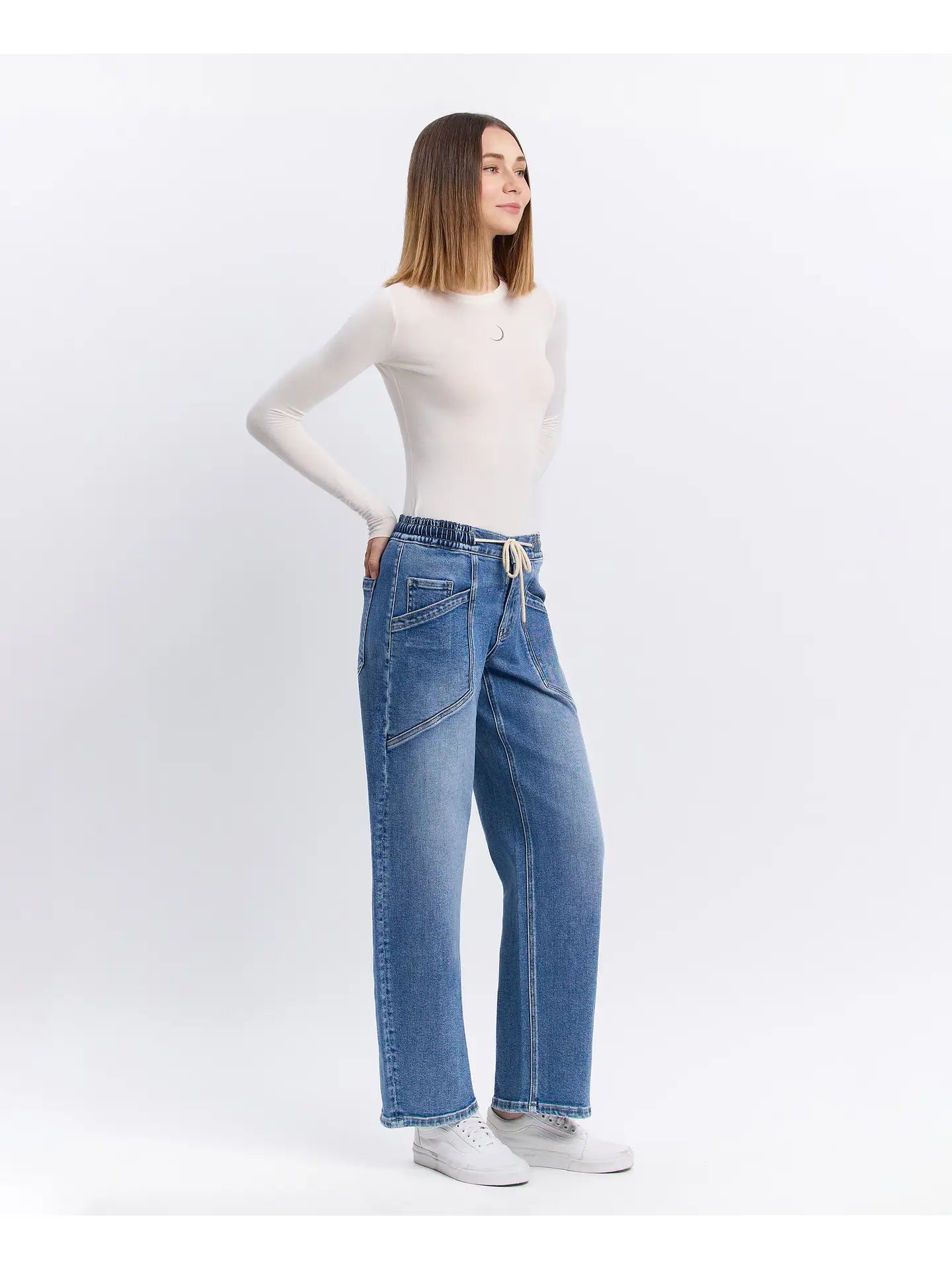 Vervet High Rise Elastic Waistband Wide Barrel Jeans