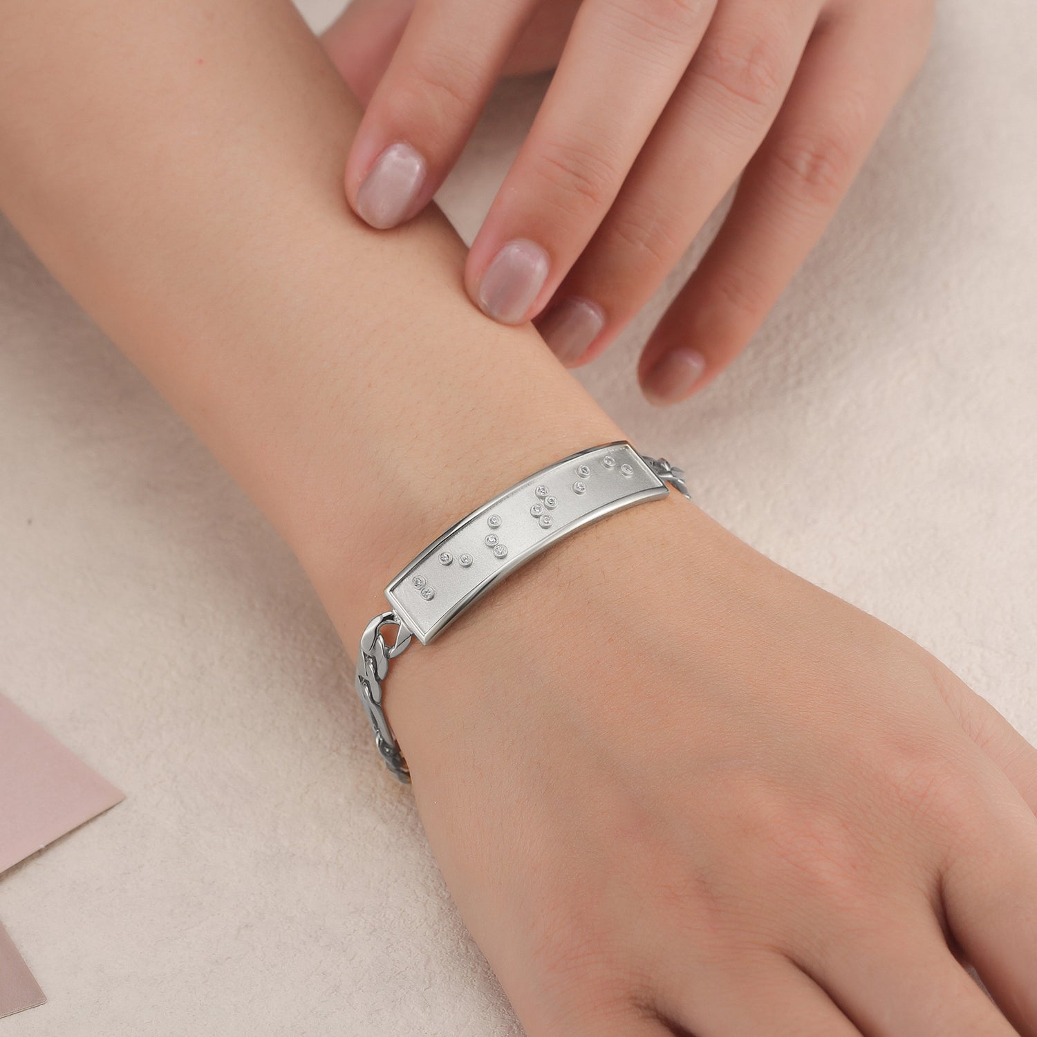 Touchstone 'Bestie' Braille Crystals ID Link Bracelet in Silver on Model