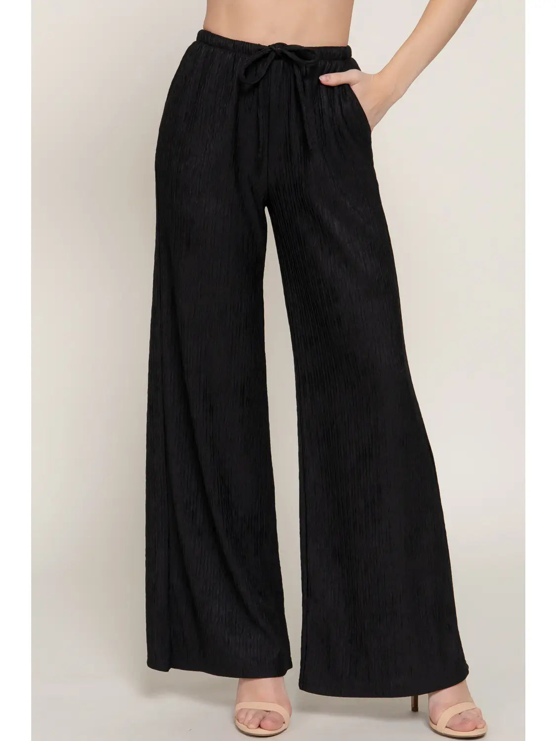 Women's Black Drawstring Crinkle Long Pants