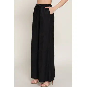 Women's Black Drawstring Crinkle Long Pants