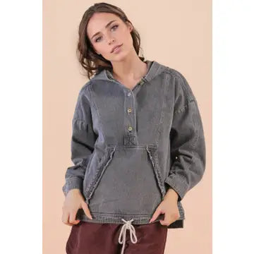 Washed Black Denim Hooded Jacket