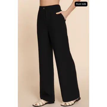 Black Straight Woven Linen Effect Long Pants