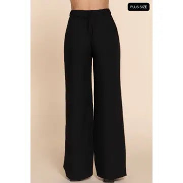 Black Straight Woven Linen Effect Long Pants