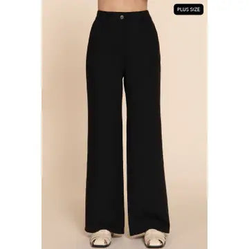 Black Straight Woven Linen Effect Long Pants