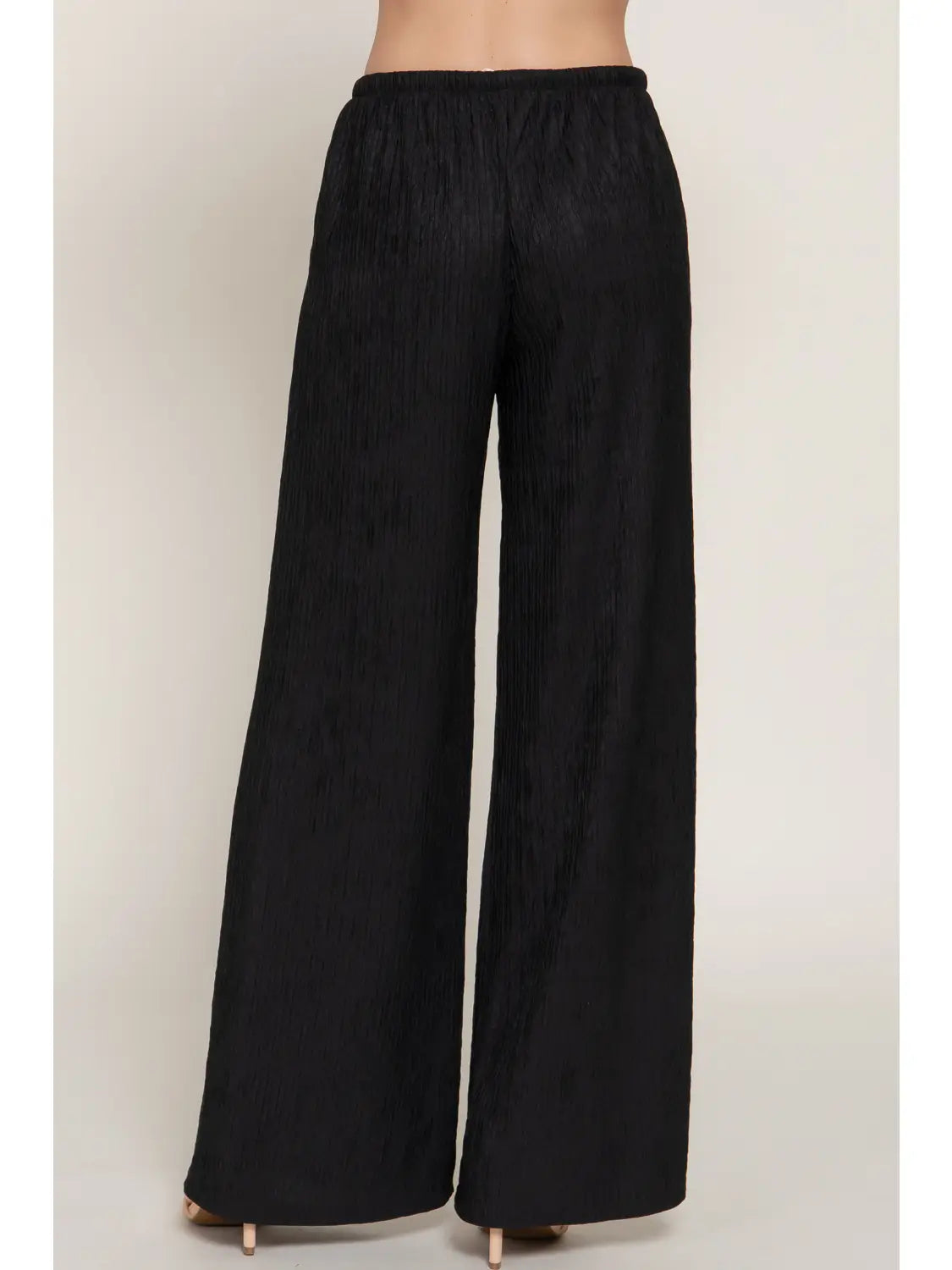 Black Drawstring Crinkle Knit Long Pants