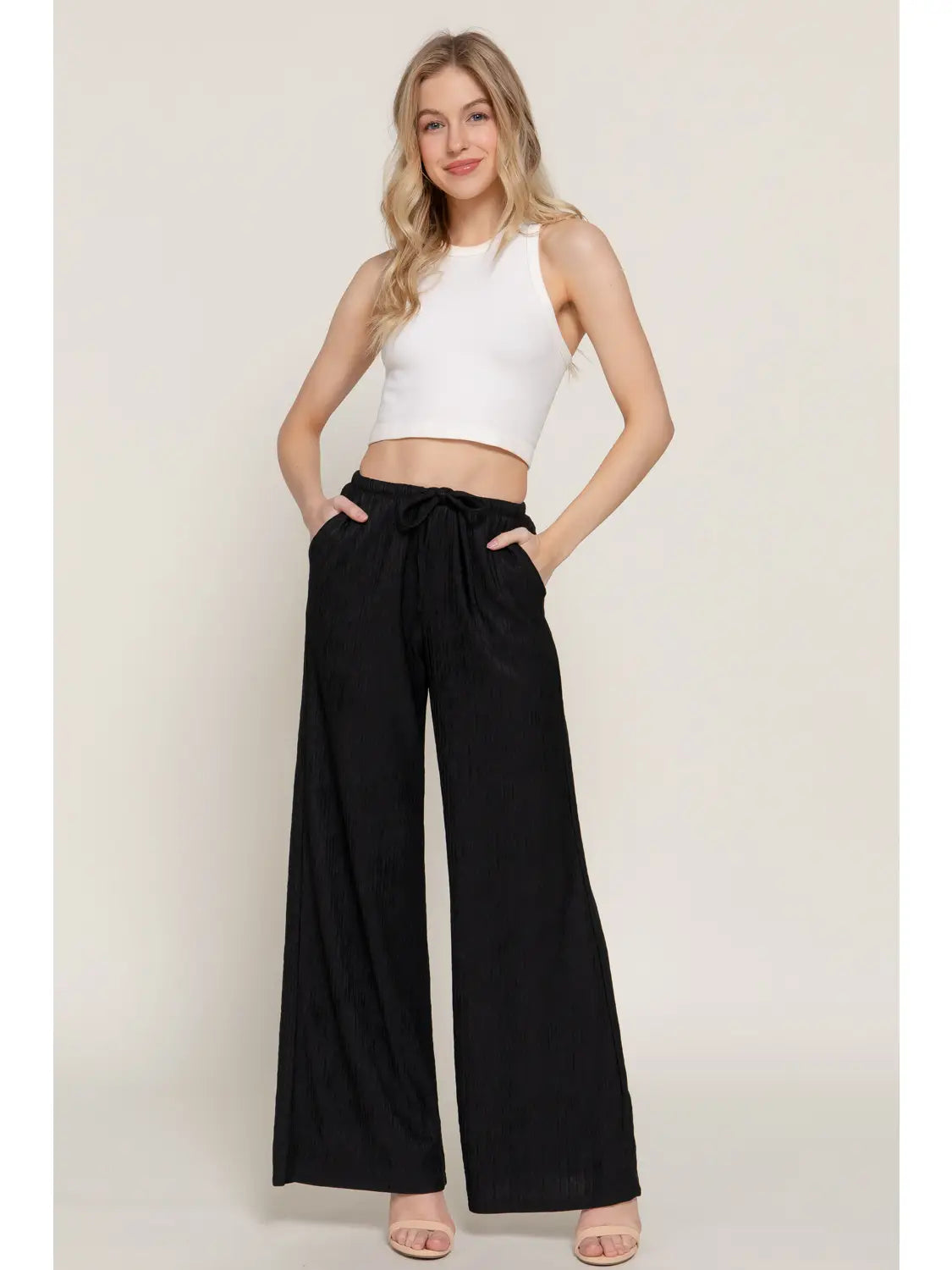 Black Drawstring Crinkle Knit Long Pants
