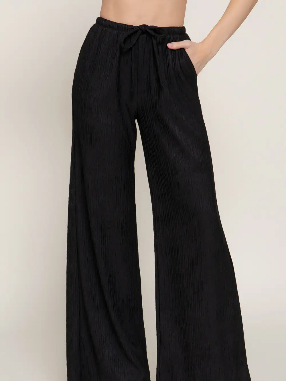 Black Drawstring Crinkle Knit Long Pants