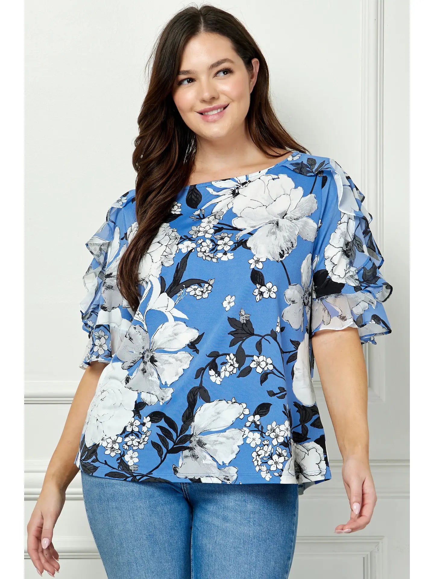 Plus Size Blue Floral Bliss Boatneck Blouse