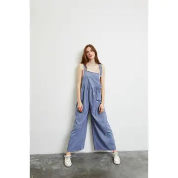 Plus Blue Soft Corduroy Easy Overall Wide-Leg Jumpsuit