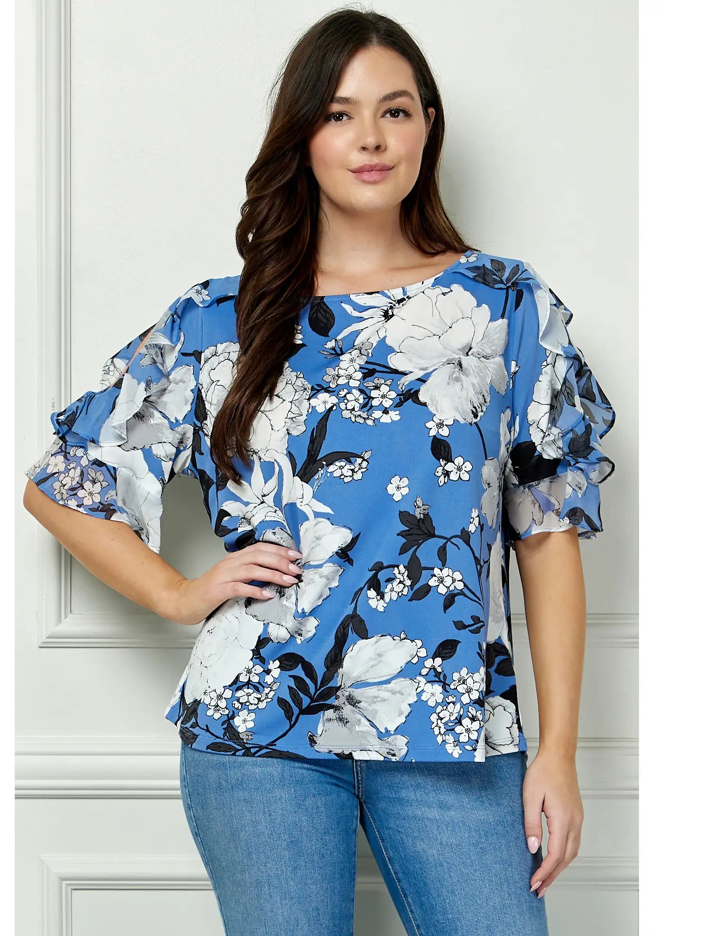 Plus Size Blue Floral Bliss Boatneck Blouse
