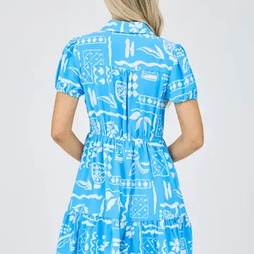 Blue Line Art Print Short Puff Sleeve Mini Dress