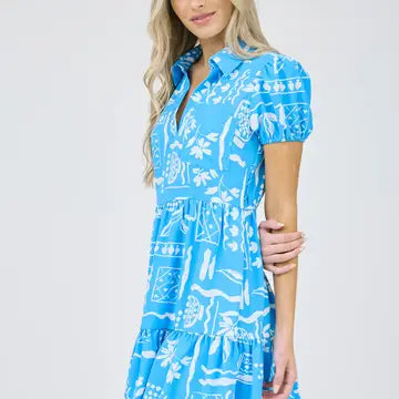 Blue Line Art Print Short Puff Sleeve Mini Dress