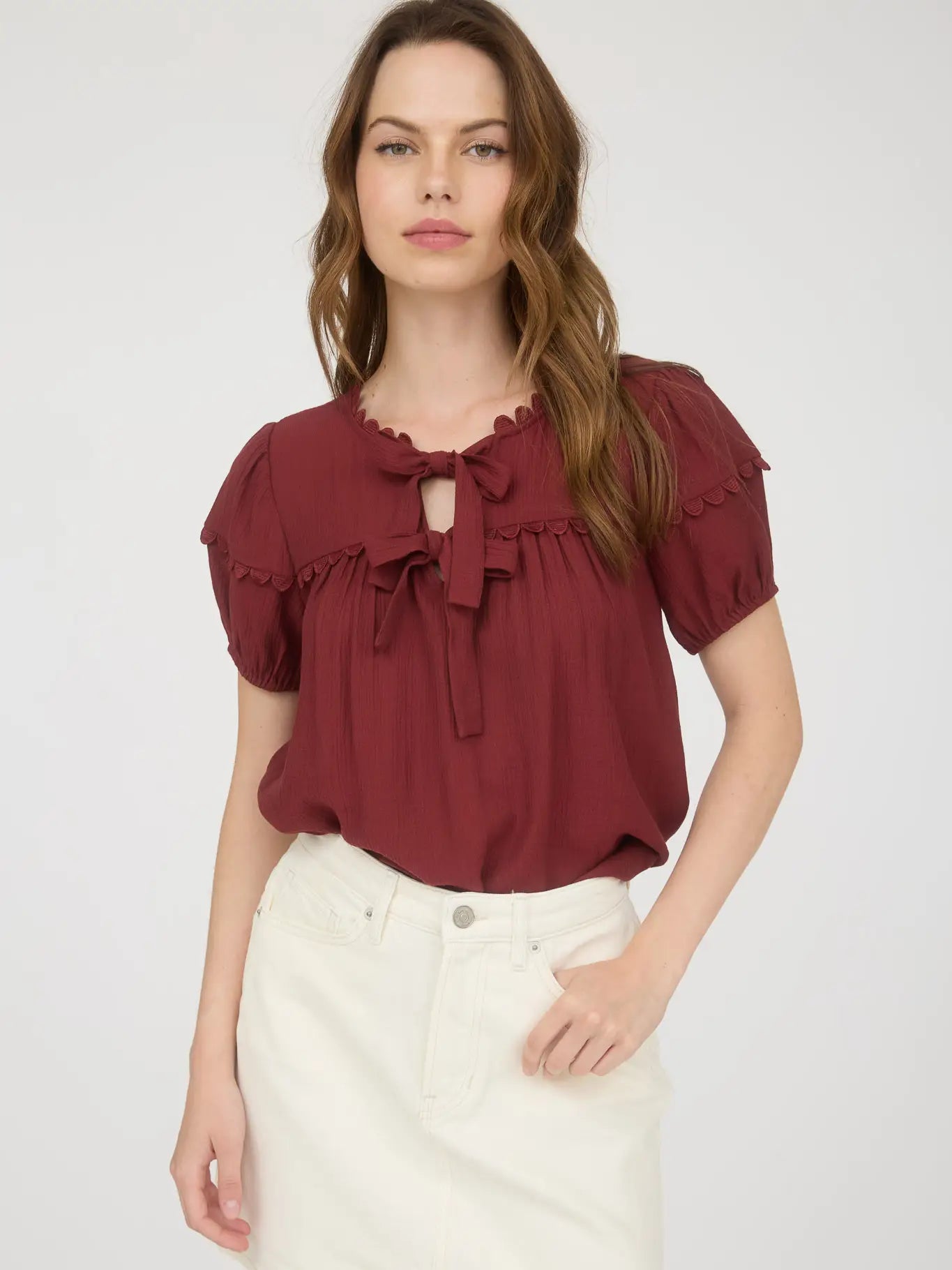 Brick Scallop Trim Front Tie Detail Puff Sleeve Top