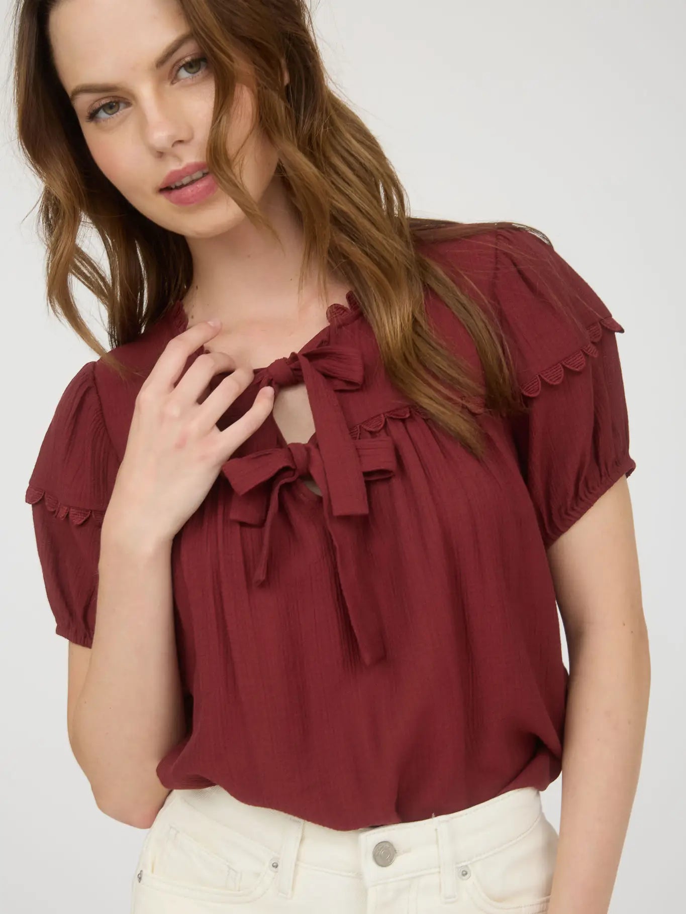 Brick Scallop Trim Front Tie Detail Puff Sleeve Top