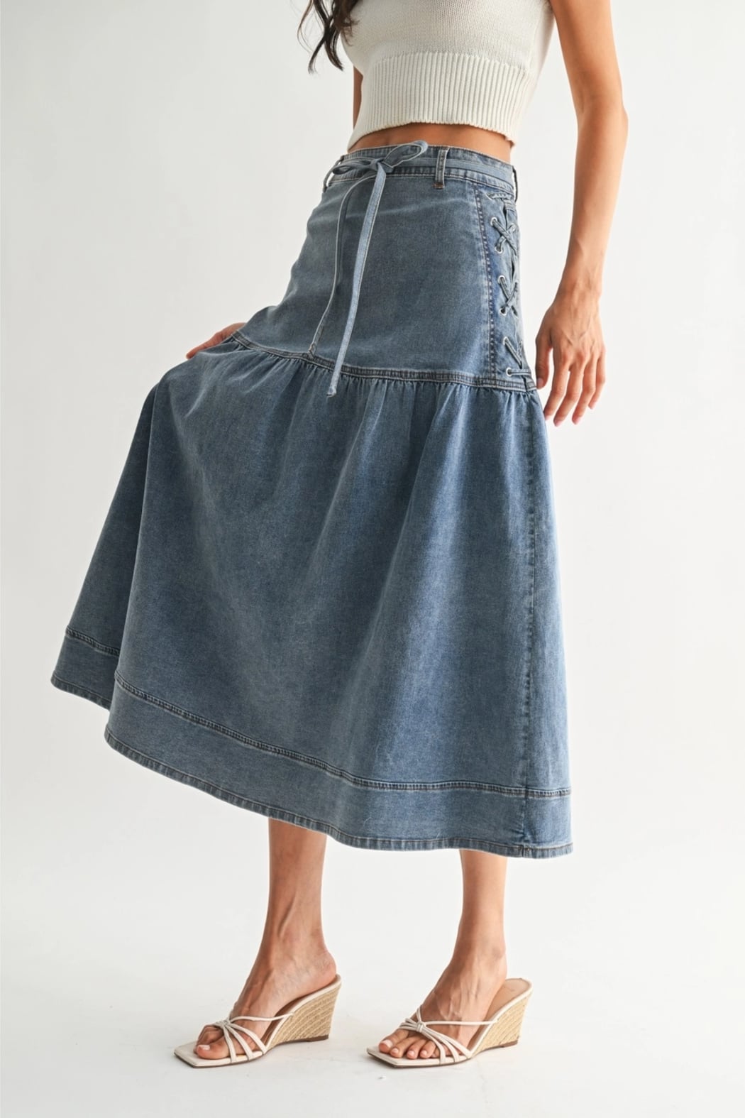 Camellia Denim Midi Skirt w/ Lace Up Detail – Shoptiques