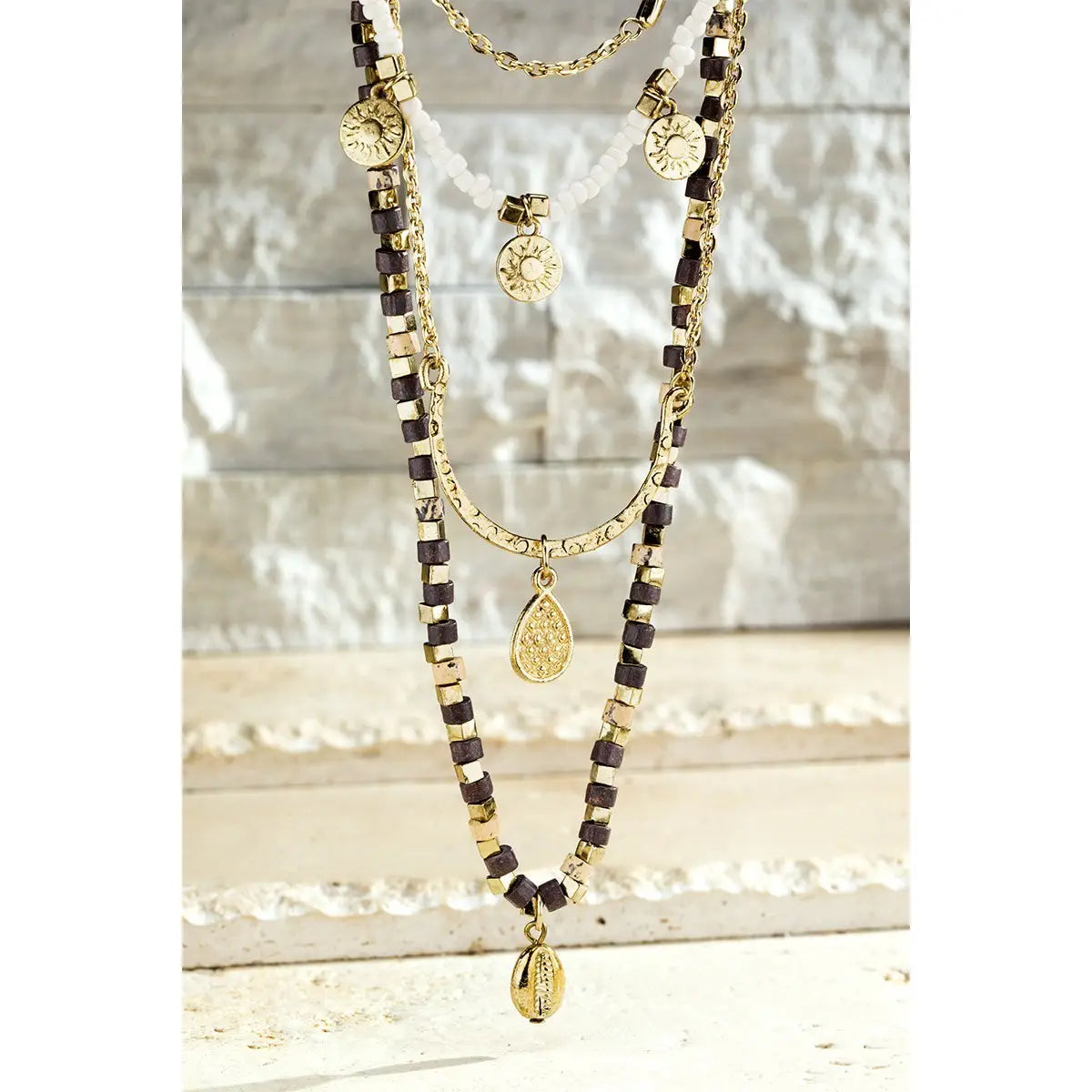 Glass Bead and Metal Charms Multi 5 Strand Necklace - Athena's Fashion Boutique