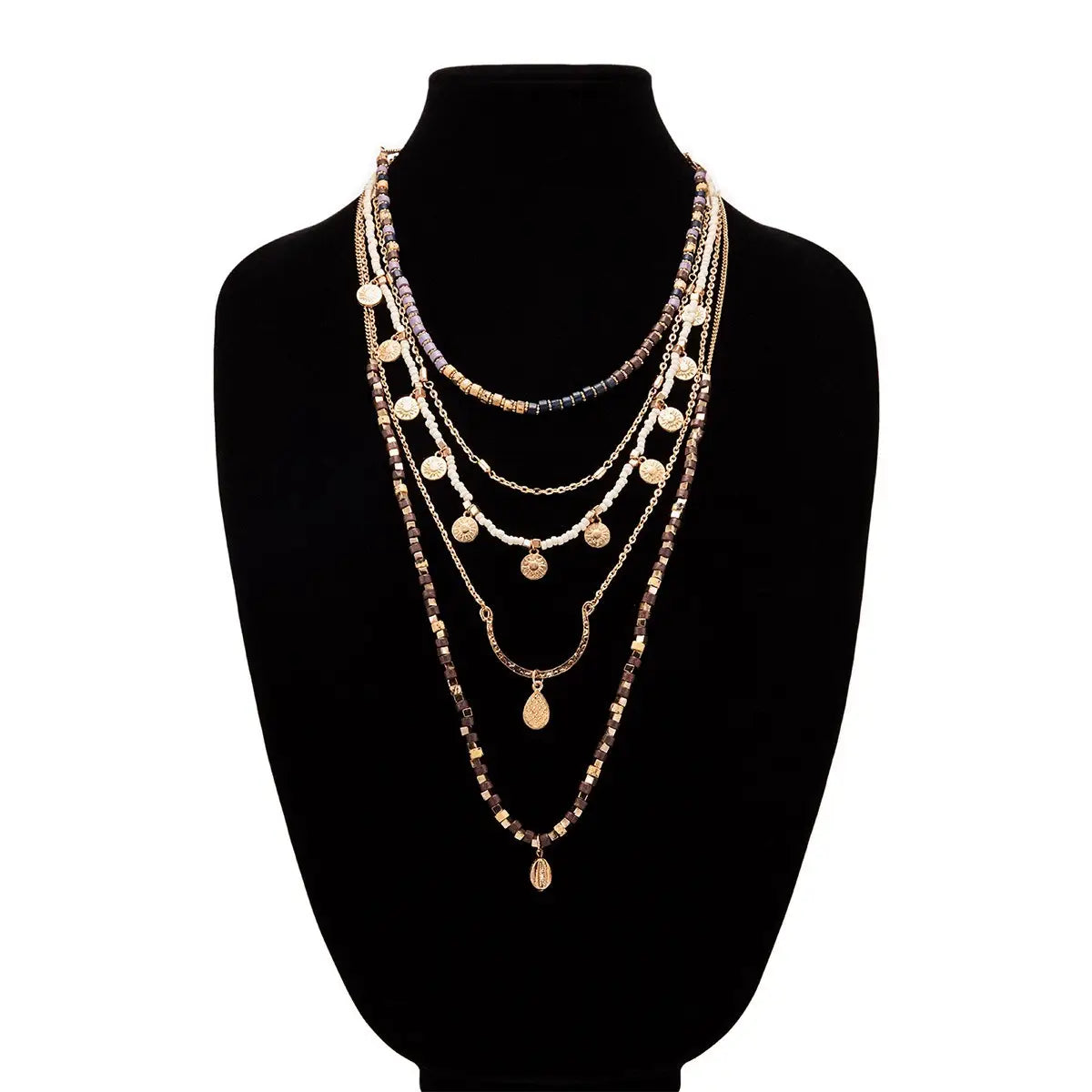 Glass Bead and Metal Charms Multi 5 Strand Necklace - Athena's Fashion Boutique