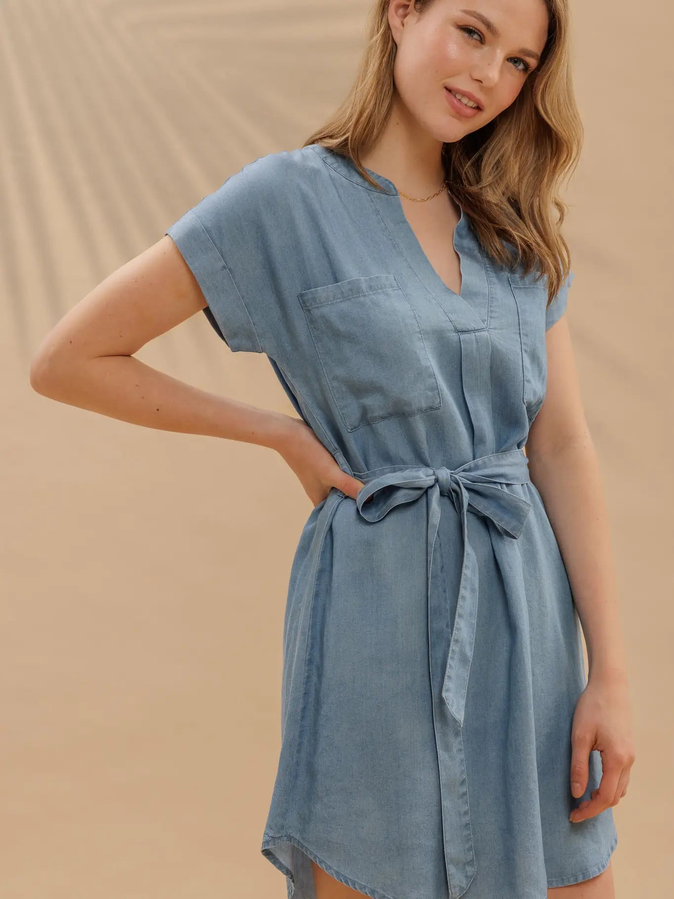Belted Chambray Cuff Sleeve Mini Shirt Dress