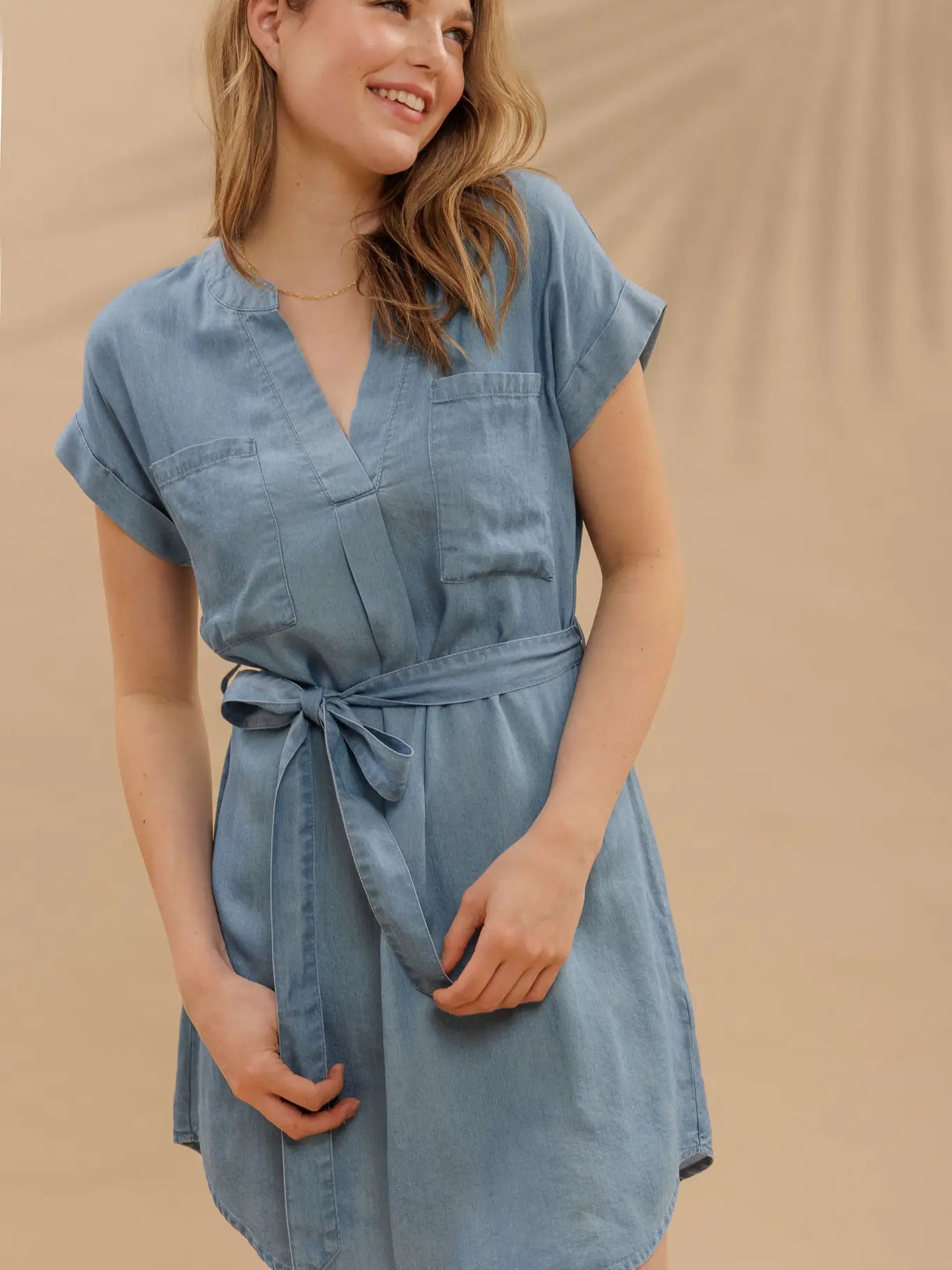 Belted Chambray Cuff Sleeve Mini Shirt Dress