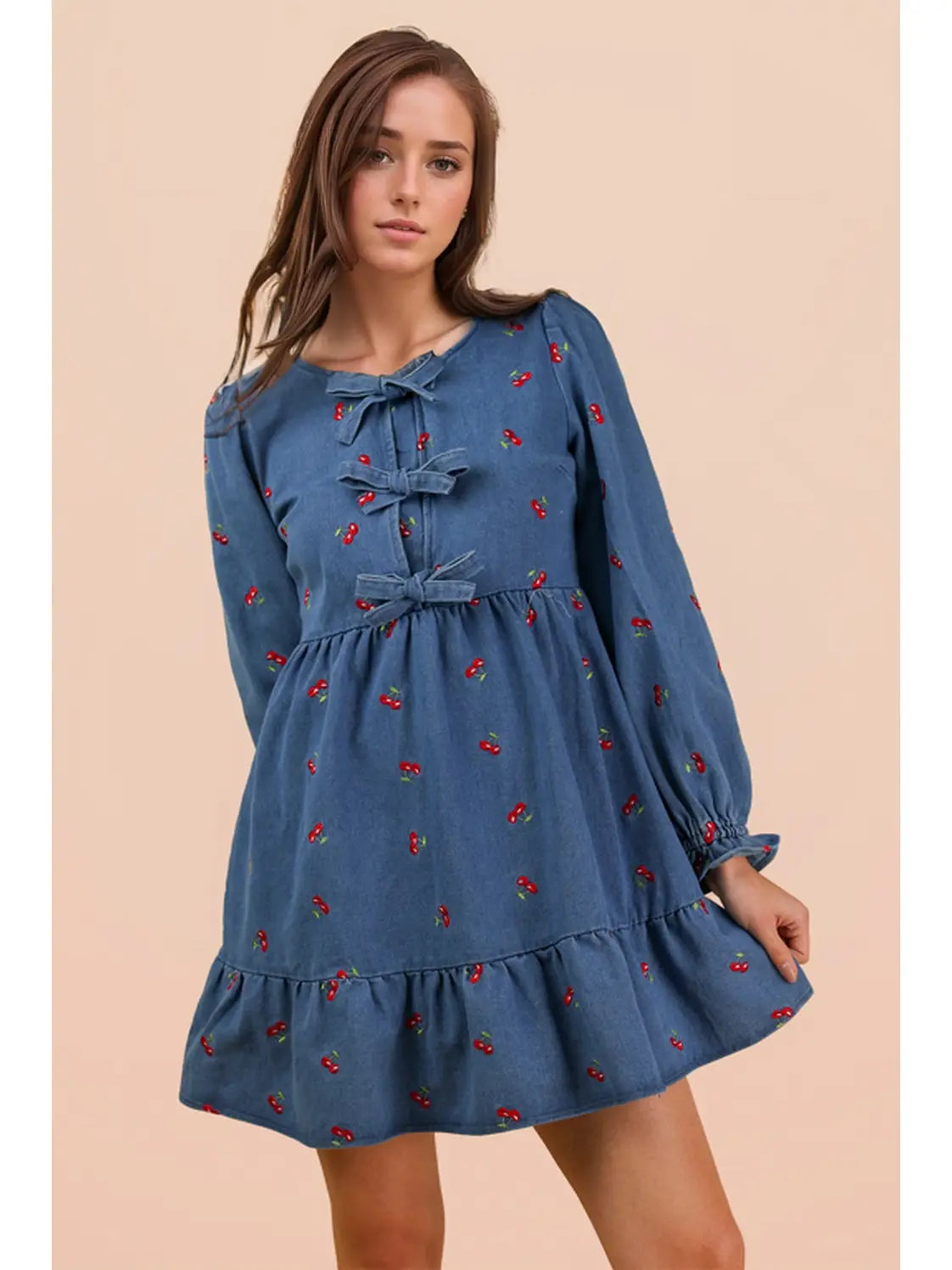Cherry Print Soft Washed Denim Casual Mini Dress